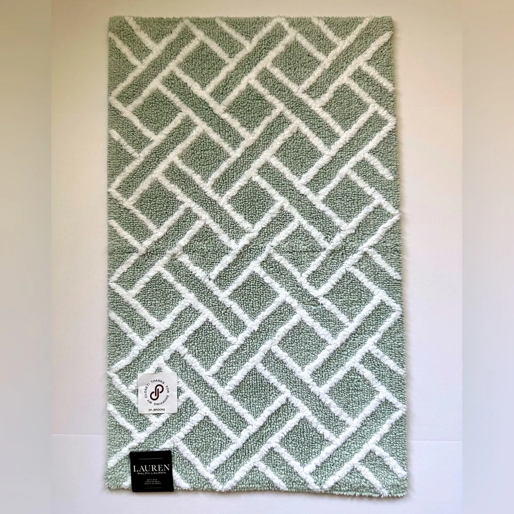 🎁Ralph Lauren Bath Rug - Skid Resistant- Cotton - 21” x 34”- Mint & White